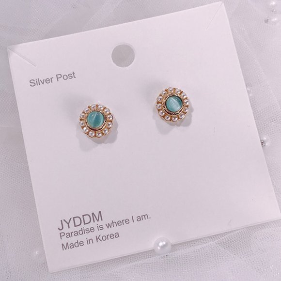 💙💕💕Last oneGreen Cat Eye Stone Style Pearl Stud Earrings - Picture 10 of 13